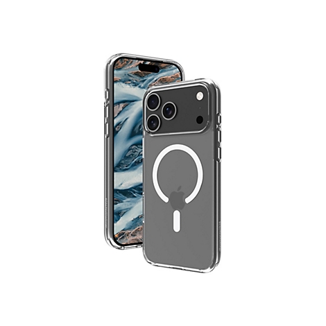 Ein iPhone mit einer durchsichtigen Schutzhülle. Das Gehäuse hat einen weißen Magnetring und ein Apple-Logo.