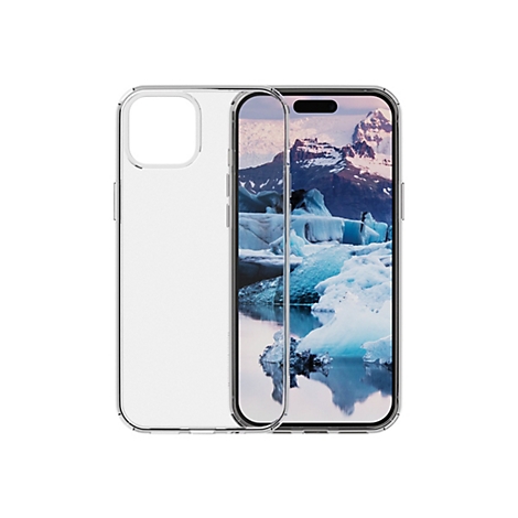 Ein durchsichtiges Handycase schützt ein Smartphone, das ein Gletscher-Foto zeigt.