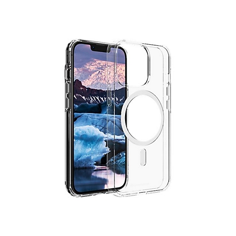 Ein klares, transparentes Handycase schützt ein Smartphone. Der Hintergrund des Bildschirms zeigt eine Landschaft.