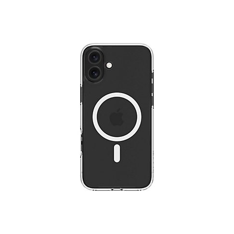 Un iPhone dans une coque transparente, sur fond blanc. Au dos, un cercle blanc avec le logo Apple et une bande verticale sont visibles.