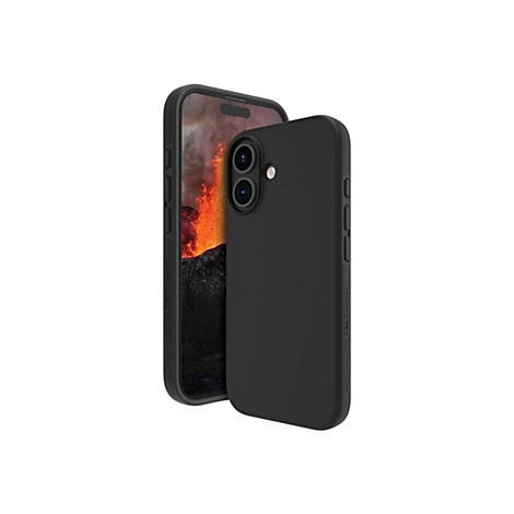Un smartphone noir avec une coque noire, au premier plan une autre coque. Une éruption volcanique est visible sur l'écran.