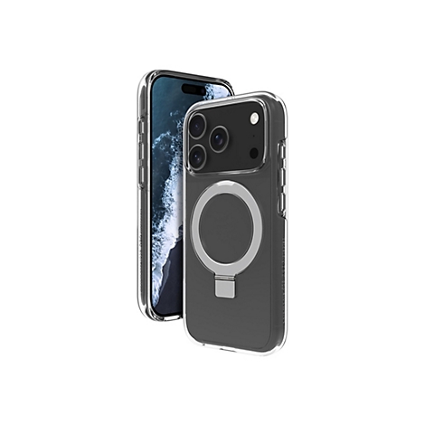 Une coque de téléphone transparente avec un anneau magnétique intégré et un iPhone inséré dans la coque. L'iPhone et la coque sont représentés légèrement décalés sur un fond blanc.