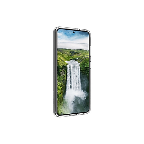 Smartphone dans un étui de protection transparent ; l'écran affiche une cascade devant un paysage verdoyant.