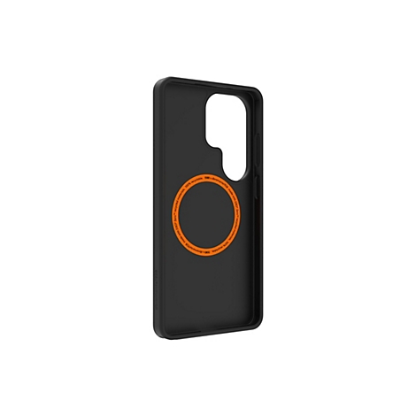 Coque de téléphone noire avec un anneau orange. Texte : 100 % recyclable, D3O x dbramante1928, fabriqué avec des matériaux recyclés.