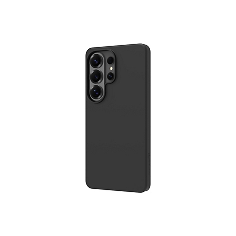 Un smartphone noir avec une coque de téléphone noire ; l'arrière est montré, avec un réseau de triple caméra.