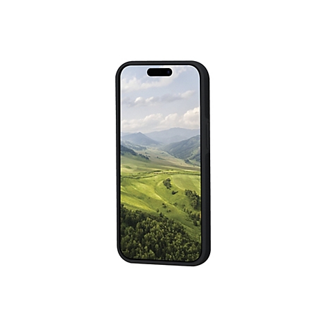 Schwarzes Smartphone mit Landschaftsbild auf dem Bildschirm, vor weißem Hintergrund.