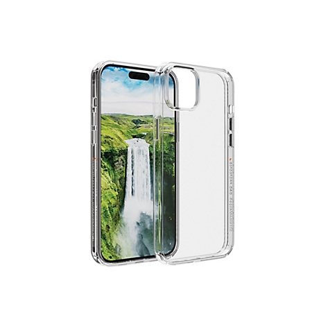 Ein iPhone in einer transparenten Schutzhülle, vor einem Wasserfall. Das Gehäuse ist aus klarem Kunststoff gefertigt, das Handy zeigt das Foto eines Wasserfalls.