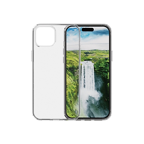 Ein iPhone mit Hülle, zeigt Wasserfall-Hintergrund, Hülle aus transparentem Kunststoff.