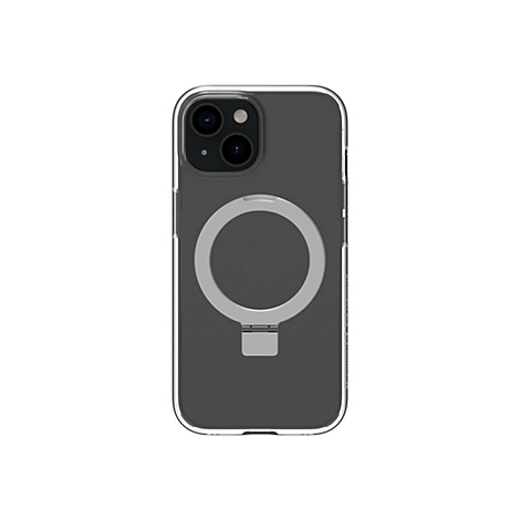 Durchsichtige Handyhülle mit integriertem MagSafe-Ring auf einem grauen iPhone.