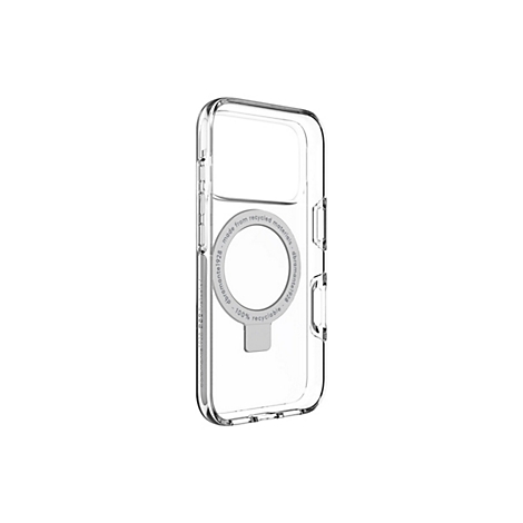 Transparente Handyhülle mit Aufdruck. Im Inneren ein runder Magnetbereich mit Schriftzug, darunter ein Metallteil. Text: „made from recycled materials - dbramante1928 - 100% recyclable“