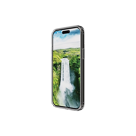 Ein Handy mit einer transparenten Schutzhülle. Auf dem Bildschirm ist ein Wasserfall in einer grünen Landschaft zu sehen.