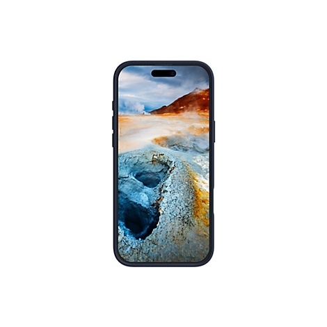 Smartphone bleu foncé affichant un paysage de sources thermales fumantes. Une personne est visible à l'horizon.