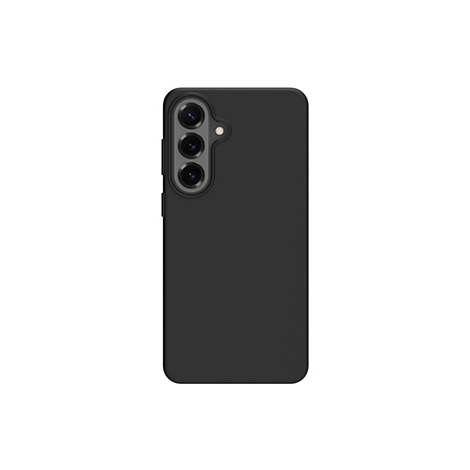 Coque de téléphone noire avec trois objectifs d'appareil photo et flash sur fond blanc.