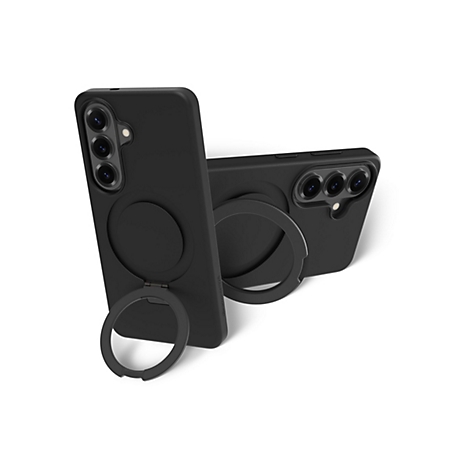 Deux coques de téléphone noires avec des supports de bague sur fond blanc. L'une est debout, l'autre est à côté.