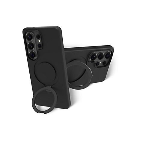 Deux coques de téléphone noires avec des anneaux de maintien sur fond blanc. L'une est debout, l'autre est à côté.