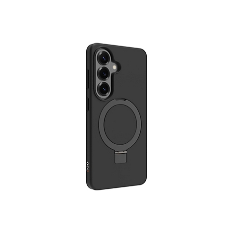 Coque de smartphone noire avec découpe caméra et anneau magnétique rond, support.