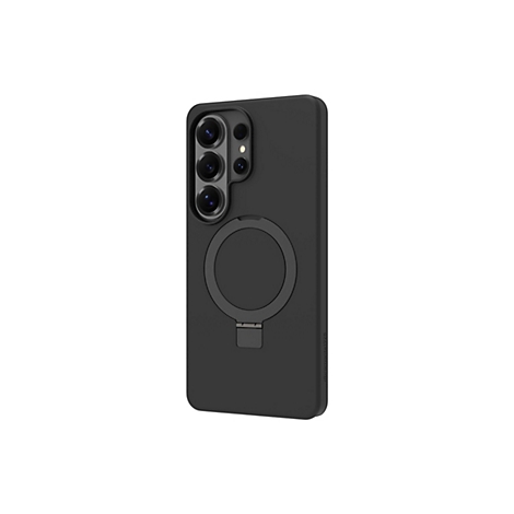 Coque de smartphone noire avec anneau magnétique et support, découpe pour caméra, fond blanc.