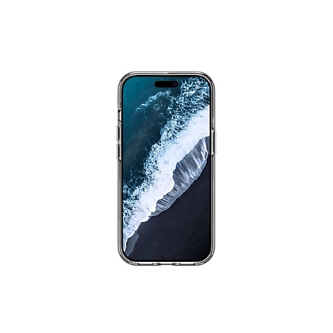 Smartphone dans un étui de protection transparent. L'écran affiche un paysage marin avec des vagues et du sable noir.