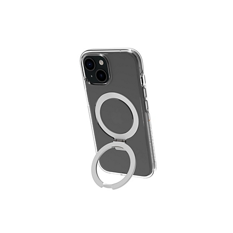 Un smartphone gris dans une coque transparente avec un support de bague métallique, l'appareil photo est visible.