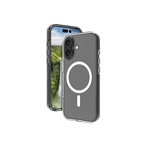 Ein iPhone in einer transparenten Schutzhülle, die mit einem Magnetring und einem vertikalen Streifen versehen ist.