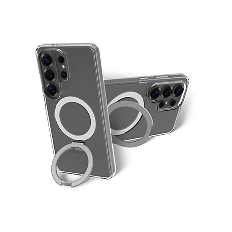 Zwei transparente Handyhüllen mit silbernem Ring, auf weißem Hintergrund. Eine Hülle steht, die andere liegt.