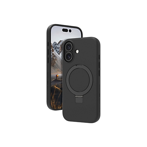 Schwarzes Smartphone mit Hülle, zeigt Landschaftsfoto. Die Hülle hat einen Magnetring und Ständer.