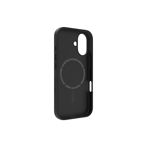 Schwarze Smartphone-Hülle, die die Aussparung für die Kamera zeigt. Auf der Innenseite Text: "made from recycled materials - dbramante1928 - 100% recyclable".
