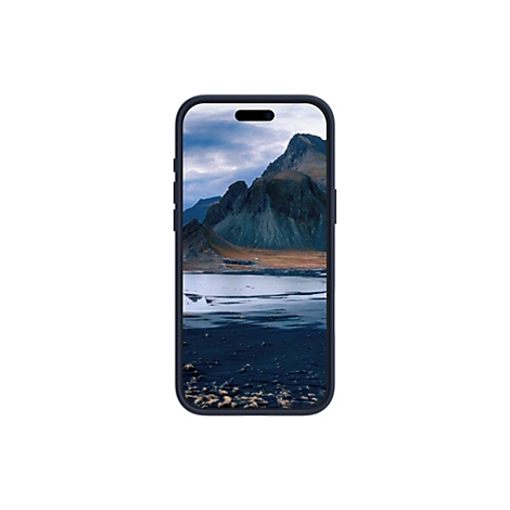 Smartphone, der ein Landschaftsfoto zeigt, mit Bergen, Wasser und Himmel. Das Display ist von einem dunklen Rahmen umgeben.