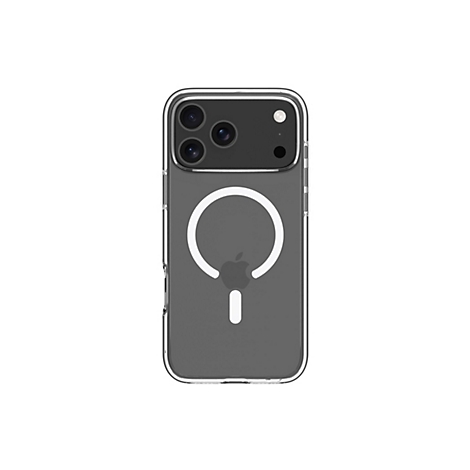 Durchsichtige Handyhülle mit Kameraausschnitt und weißem MagSafe-Kreis auf weißem Hintergrund.