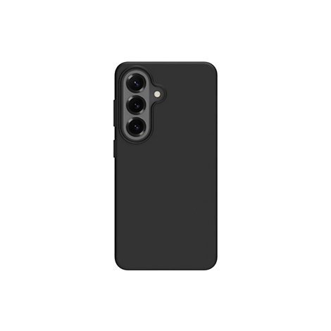 Schwarzes Smartphone mit Schutzhülle, Rückseite mit drei Objektiven und Blitzlicht, vor weißem Hintergrund.