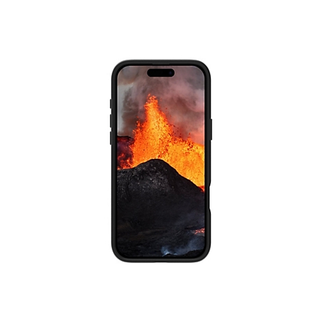 Ein schwarzes Smartphone mit Display, das einen Vulkanausbruch zeigt. Im Vordergrund das dunkle Gestein, darüber das grelle, orangefarbene Lava-Feuer.