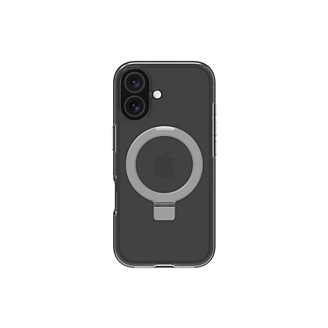 Ein iPhone-Case in Grau mit silbernem MagSafe-Ring und Ständer, der ein Apple-Logo zeigt.