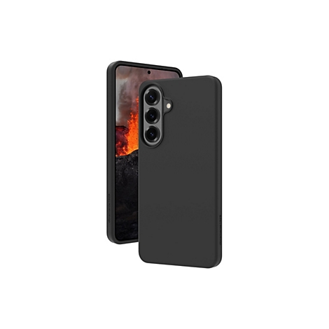 Ein schwarzes Smartphone mit schwarzer Hülle, Hintergrund zeigt eine Vulkanlandschaft.