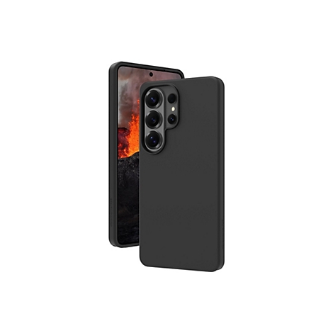 Ein schwarzes Smartphone mit schwarzer Hülle, im Hintergrund ein Vulkanausbruch. Der Fokus liegt auf der Hülle und den Kameraobjektiven.