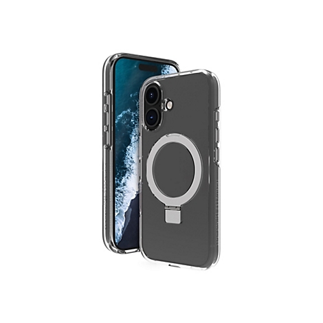 Ein durchsichtiges Handycase mit Magnetring und integriertem Ständer, das ein Smartphone schützt. Rechts ein Handy, das durch das Case geschützt wird.