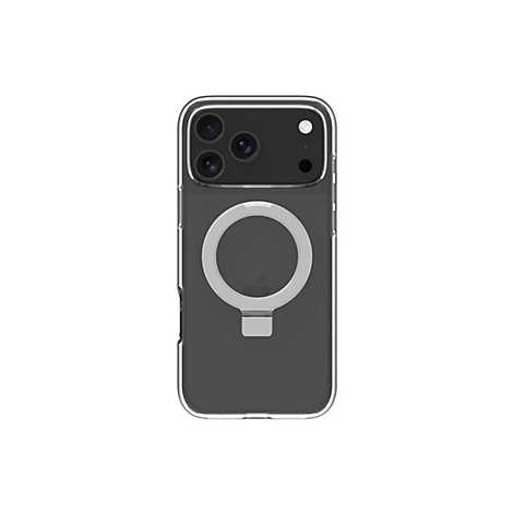 Ein durchsichtiges Handycase mit Magnetring auf weißem Hintergrund. Der Fokus liegt auf dem Case, die Kamera ist zu sehen.
