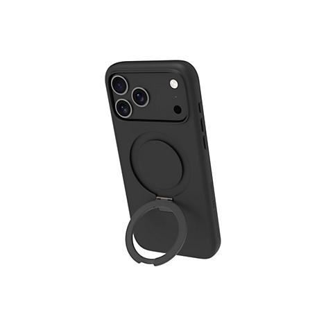 Schwarze Smartphone-Hülle mit Kameraausschnitt und aufklappbarem Ringhalter, vor weißem Hintergrund.