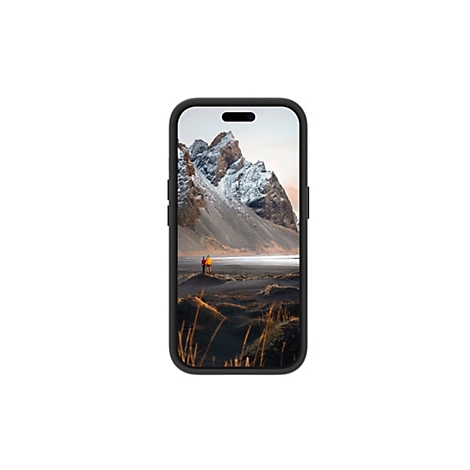 Smartphone, der ein Landschaftsfoto mit zwei Personen vor einem Berg zeigt.