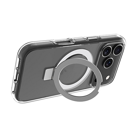 Ein durchsichtiges Handycase mit einem grauen Ring, der als Ständer und Halterung dient. Im Hintergrund sind die Kameralinsen des Handys zu sehen.