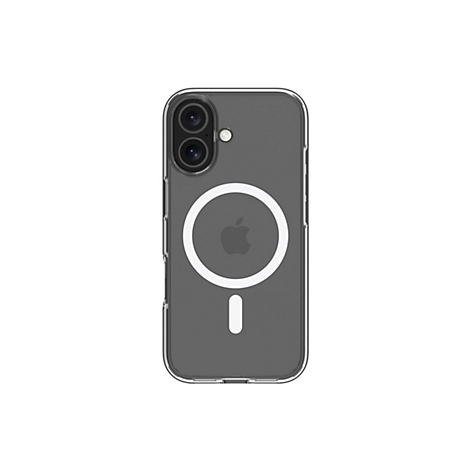 Durchsichtige Handyhülle mit Kameraausschnitt und weißem Kreis mit Apple-Logo und Aussparung.