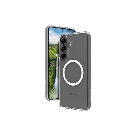 Ein Smartphone in einer transparenten Schutzhülle, vor einem Wasserfall-Hintergrund. Auf der Hülle ist ein weißer Kreis zu sehen.