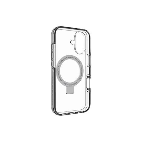 Transparente Handyhülle mit silbernem Magnetring. Aufschrift: made from recycled materials, 100% recyclable.