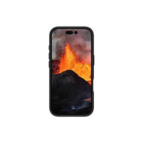 Schwarzes Smartphone mit Schutzhülle, auf dem ein Vulkan mit Lavaausbruch zu sehen ist. Der Vulkan ist hellorange und rot, der Hintergrund ist grau.