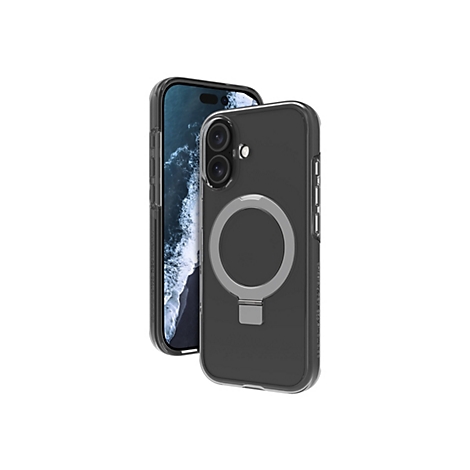 Ein iPhone mit Hülle und Ständer in Nahaufnahme. Der Ständer und die Hülle sind durchsichtig. Im Hintergrund ist eine verschwommene Meereslandschaft zu sehen.