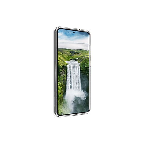 Ein Smartphone mit klarer Schutzhülle, das einen Wasserfall vor einer Berglandschaft zeigt.