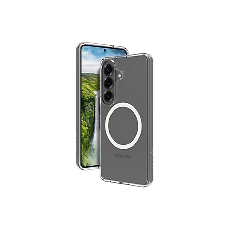 Ein Mobiltelefon in einer transparenten Schutzhülle, vor weissem Hintergrund. Auf dem Bildschirm ist eine Landschaft zu sehen.