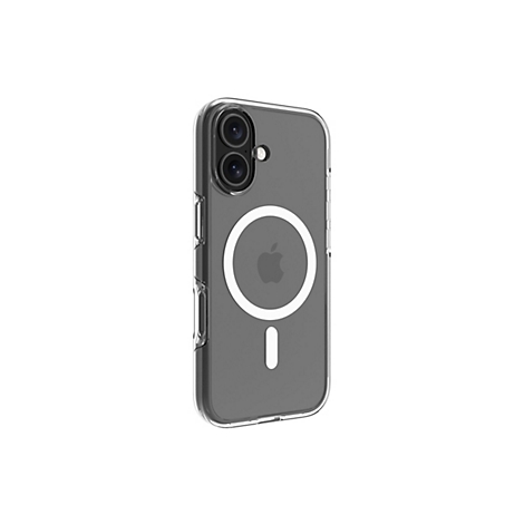 Durchsichtige Handyhülle für ein Smartphone mit Kameraaussparung, MagSafe-Funktion und weißem Apple-Logo.