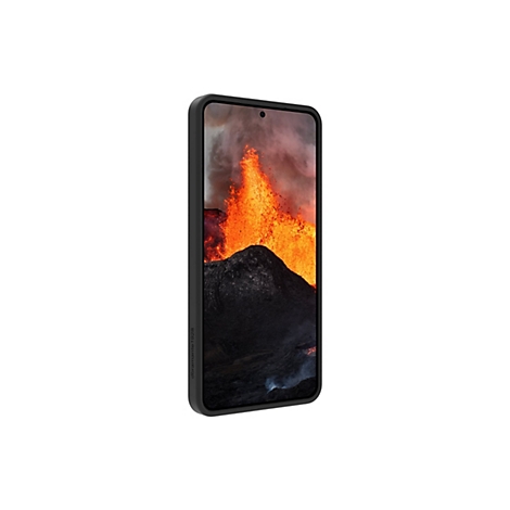 Smartphone, der einen Vulkanausbruch zeigt. Schwarzer Rahmen, Vulkan mit rot-orangener Lava. Weißer Hintergrund.
