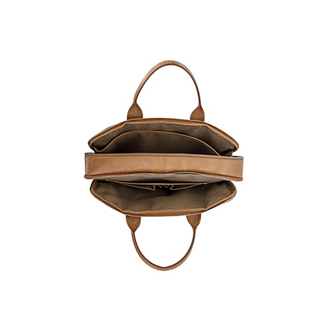 Offene, hellbraune Ledertasche, Innenfutter mit kleinem Karomuster. Zwei Henkel.