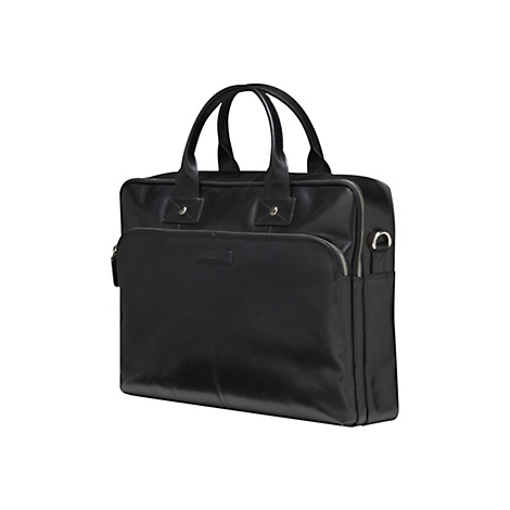 Schwarze Ledertasche mit Henkeln und Reißverschluss, auf weißem Hintergrund.